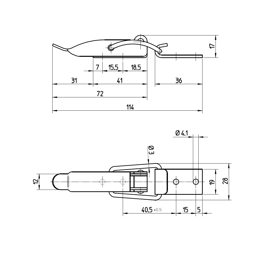 Snaplås, stål, L=83, B=28, H=17, Ikke justerbar