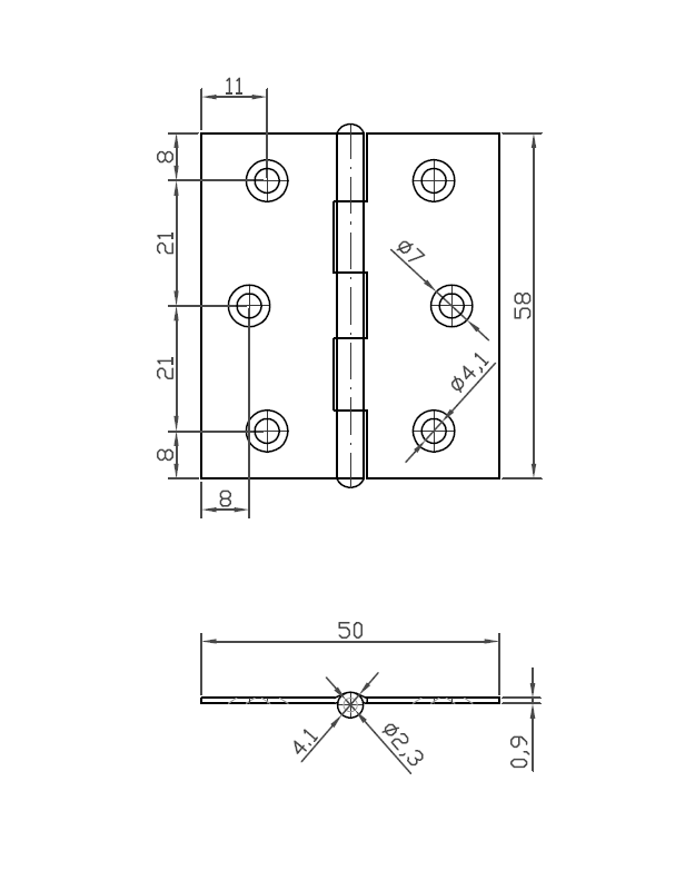 Kanthængsel med huller, rustfrit stål, L=58, B=50, T=0,9