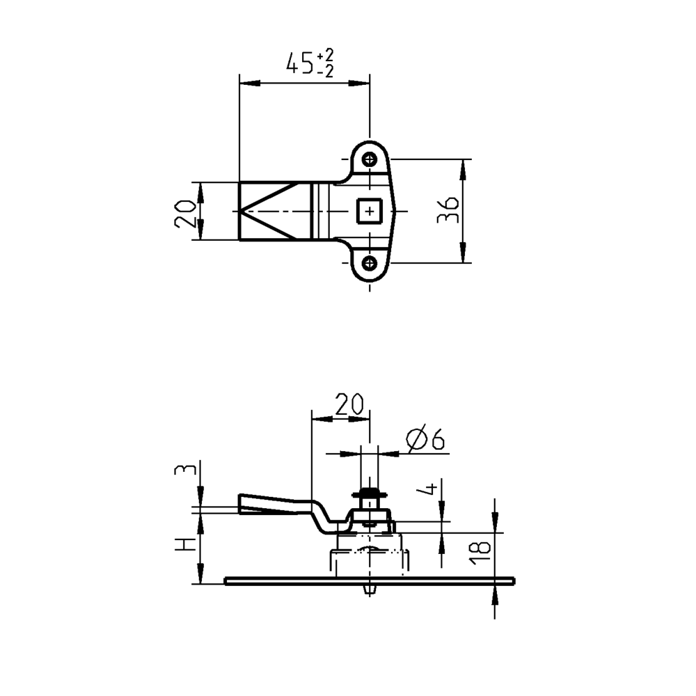 Tunge, stangtræk, stål, L=45, B=20, offset højde=12 mm