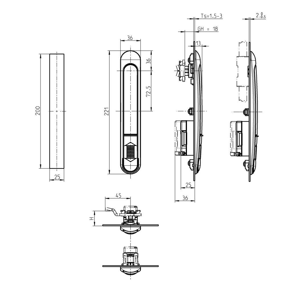 Svinggreb, glasfiberforstærket polyamid, låsesæt, L=221, B=36, H=13, Pladetykkelse=1,5-2