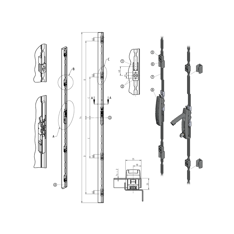 Løftegreb kompletsæt, glasfiberforstærket polyamid, cylinderlås, L=180, B=32, H=19, Pladetykkelse=2-2