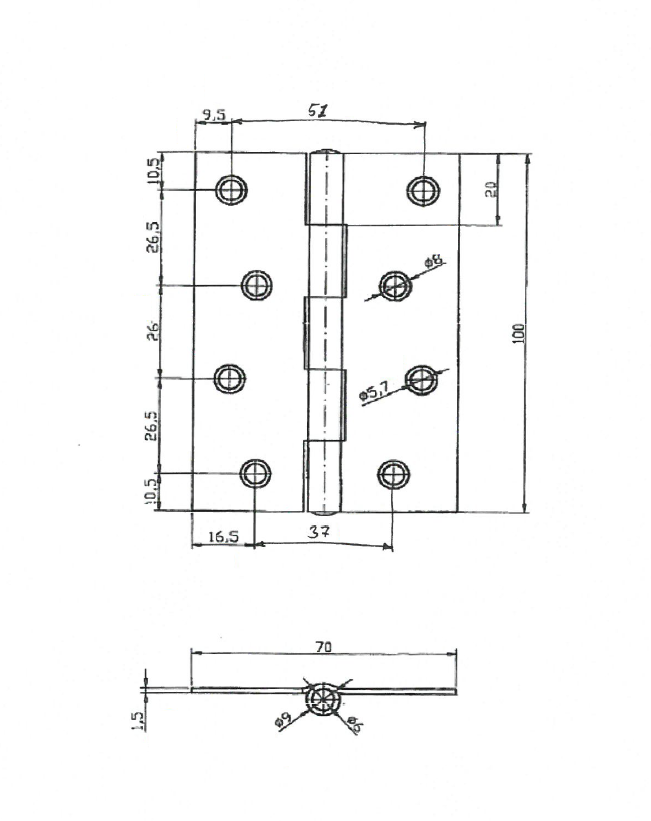 Kanthængsel med huller, stål, L=100, B=70, T=1,5