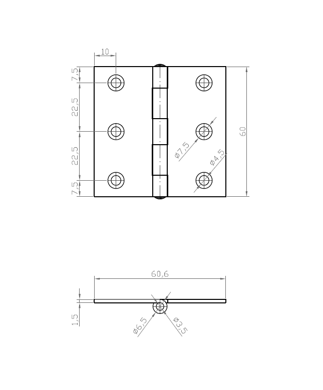 Kanthængsel med huller, rustfrit stål, L=60, B=60,6, T=1,5