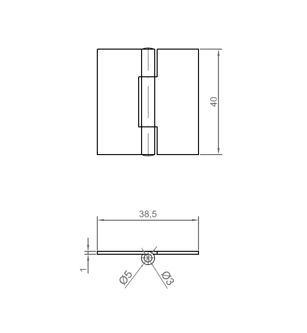 Kanthængsel uden huller, syrefast stål, L=40, B=38,5, T=1