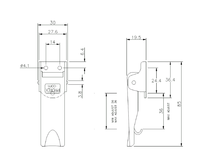 Snaplås, rustfrit stål, L=85, B=30, H=19,5, justerbar