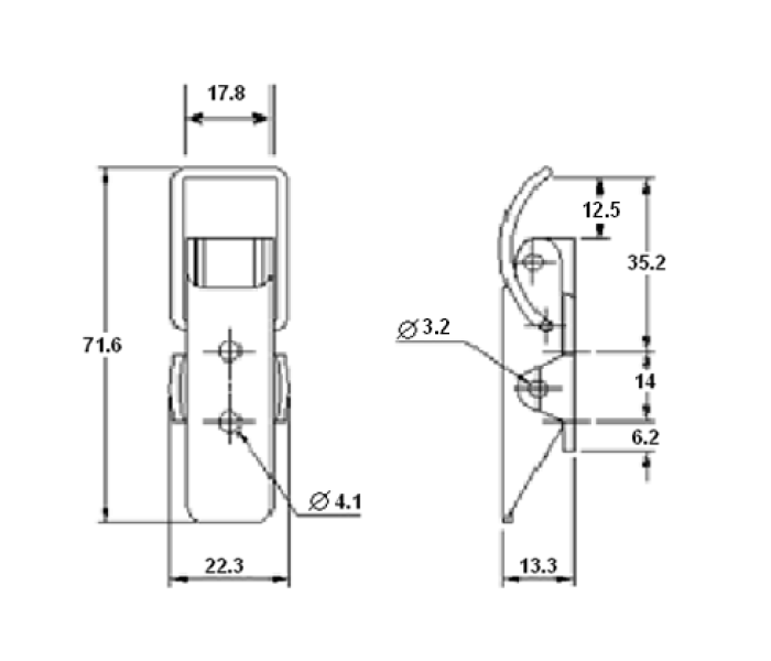 Snaplås, syrefast stål, L=71,6, B=22,3, H=13,3, ikke justerbar