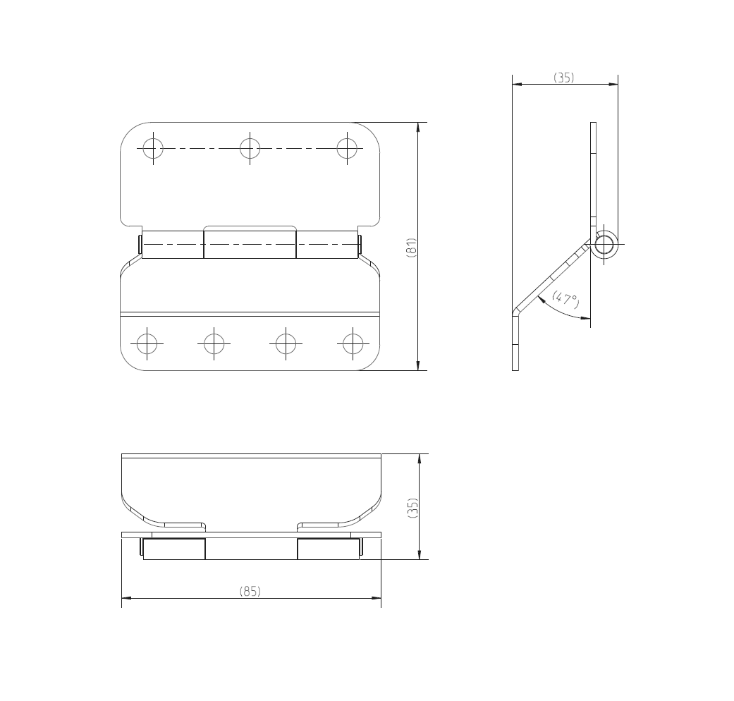 Kanthængsel med huller, syrefast stål, L=85, B=81, T=2