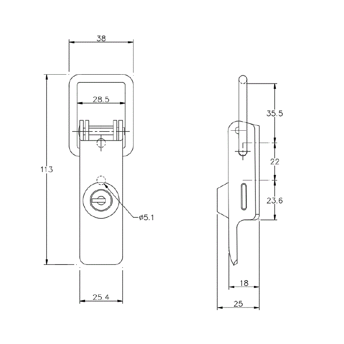 Snaplås, stål, L=113, B=38, H=25, ikke justerbar