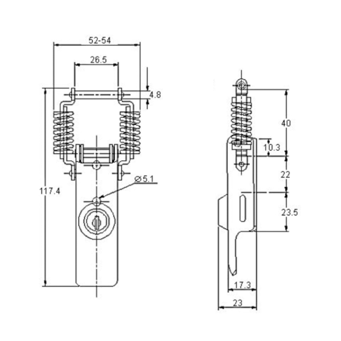 Snaplås, rustfrit stål, L=117,4, B=54, H=23, ikke justerbar