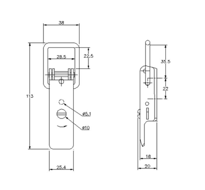 Snaplås, stål, L=113, B=38, H=20, ikke justerbar