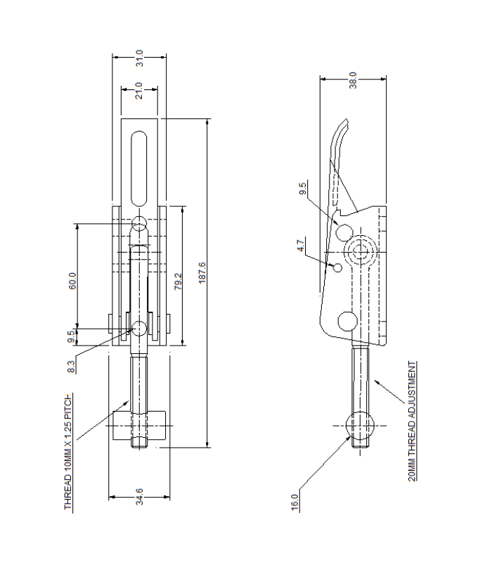 Snaplås, rustfrit stål, L=187,6, B=34,6, H=38, justerbar