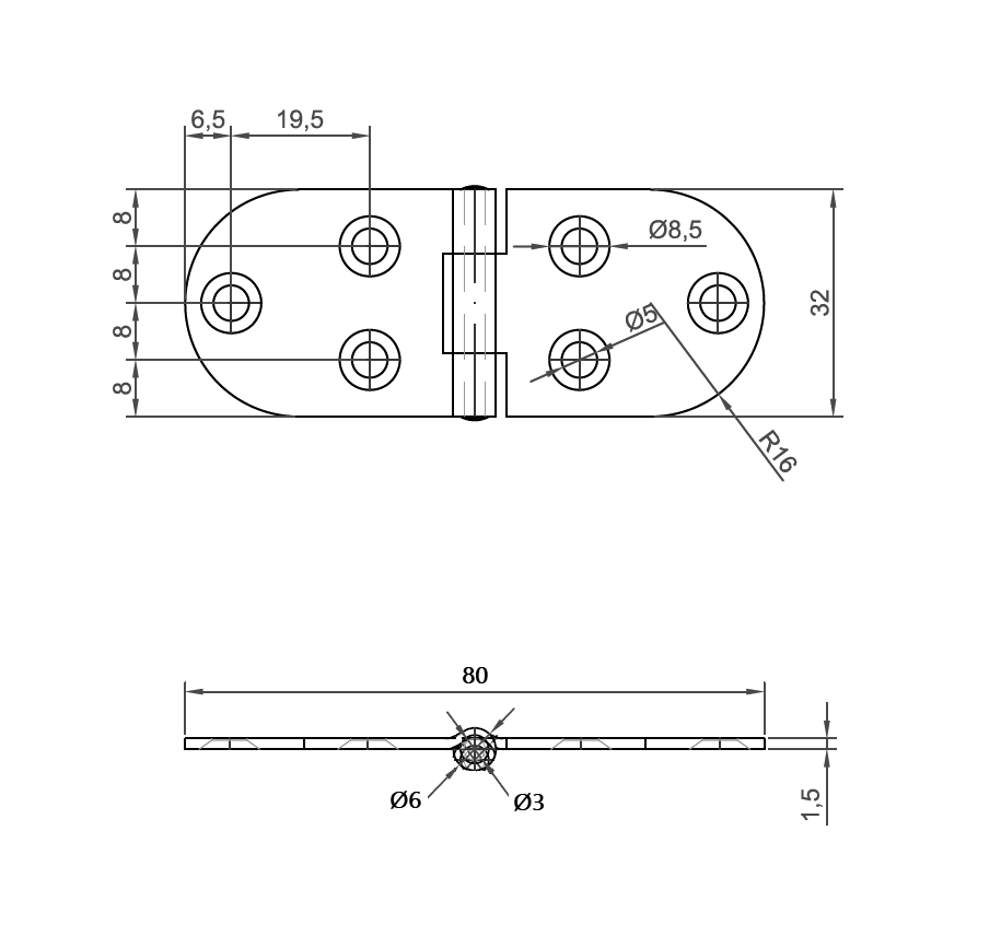 Kanthængsel med huller, syrefast stål, L=32, B=80, T=1,5