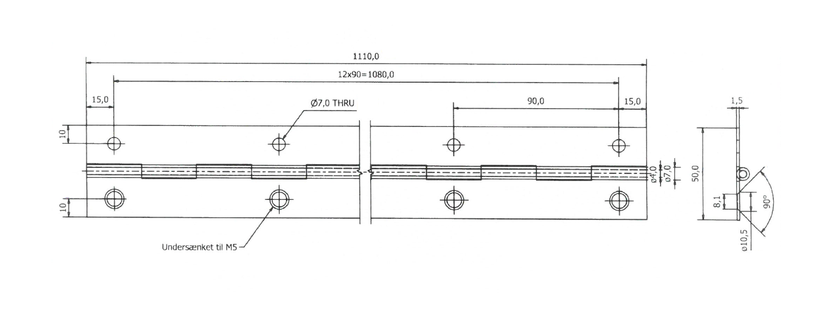 Pianohængsel med huller, rustfrit stål, L=1110, B=50, T=1,5