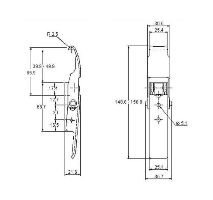 Snaplås, stål, L=158,8, B=35,7, H=21,6, justerbar