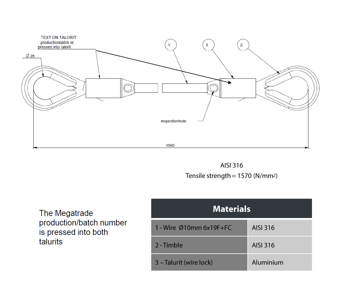 Wiresamling, syrefast stål, diameter = 10mm, L= 1060mm