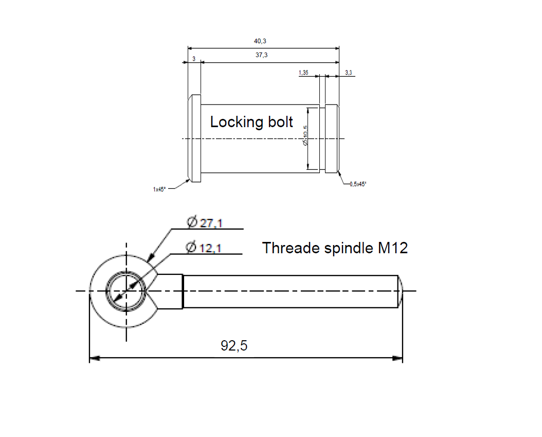 Kitsæt, stål, elforzinket, M12x92,5mm spindel,  låsebolt, låsering DIN 6799