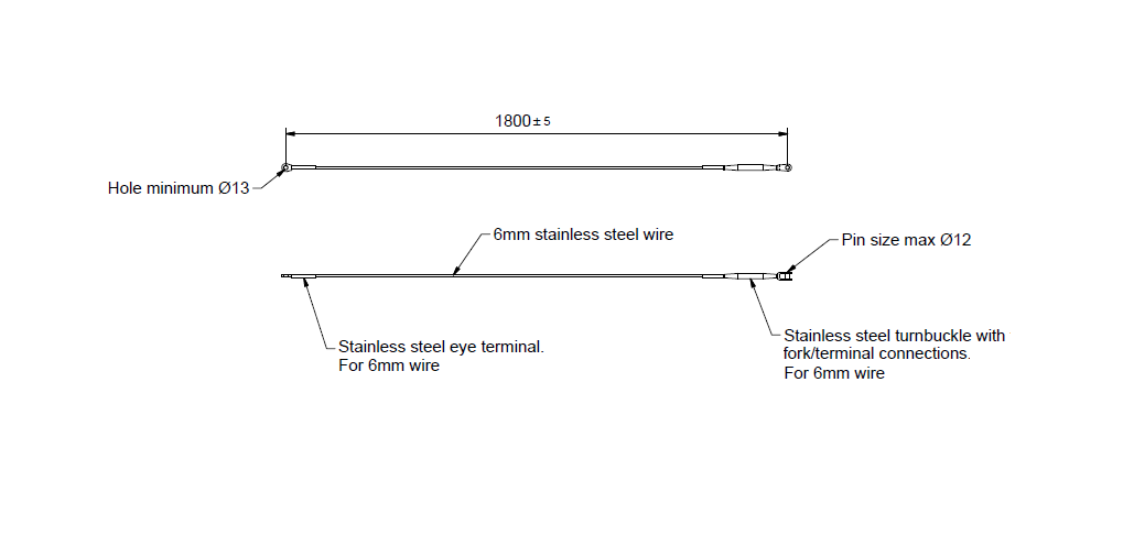 Wiresamling, rustfrit stål, diameter = 6mm, L= 1800mm