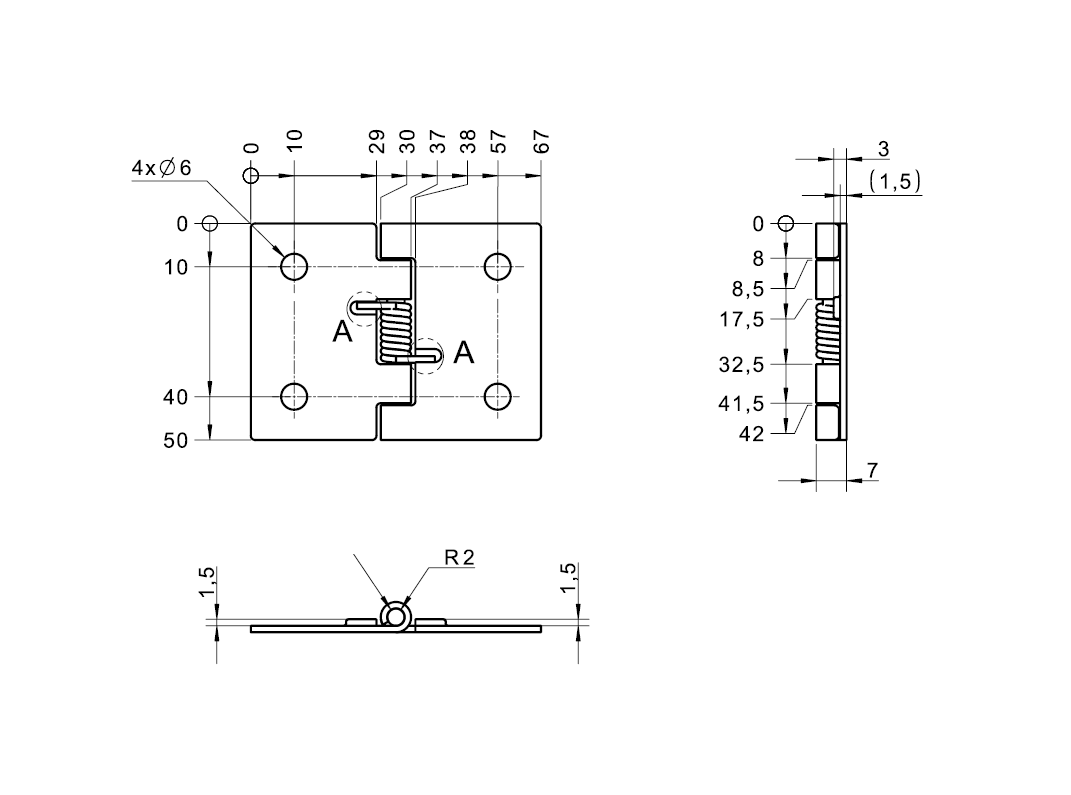 Fjederhængsel, rustfrit stål, lukket, ikke justerbar, L=50, B=67, H=7
