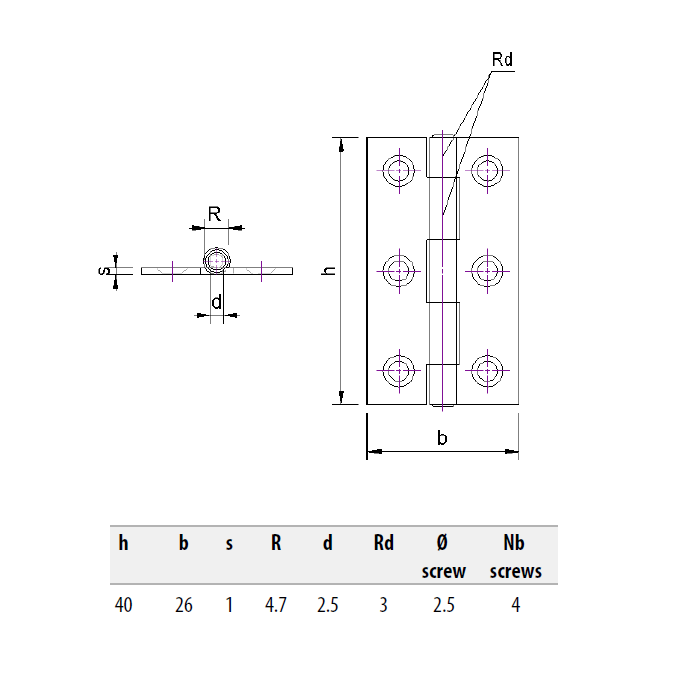 Kanthængsel med huller, rustfrit stål, L=40, B=26, T=1