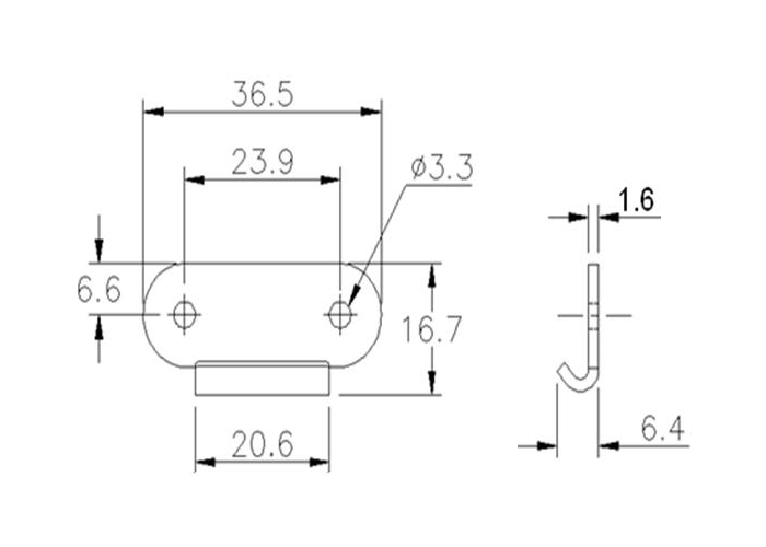 Hage, elforzinket stål, til butterflylås, L=16,7mm, B=36,5mm, H=6,4mm