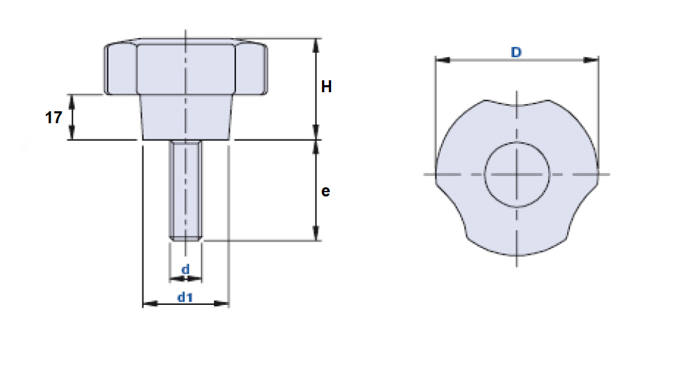 Stjernegreb, polyamid, udvendigt gevind M10, D=60 mm, H=38mm