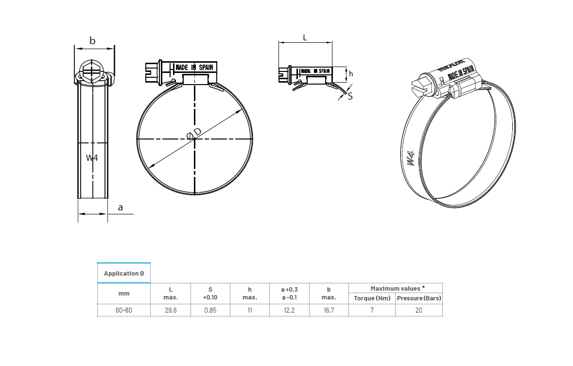 Komplet spændebånd, rustfrit stål, Diameter interval: 60-80mm, T= 0,85mm, drejningsmoment= 7Nm, belastningsklasse= Medium