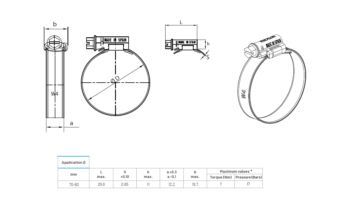 Komplet spændebånd, rustfrit stål, Diameter interval: 70-90mm, T= 0,85mm, drejningsmoment= 7Nm, belastningsklasse= Medium