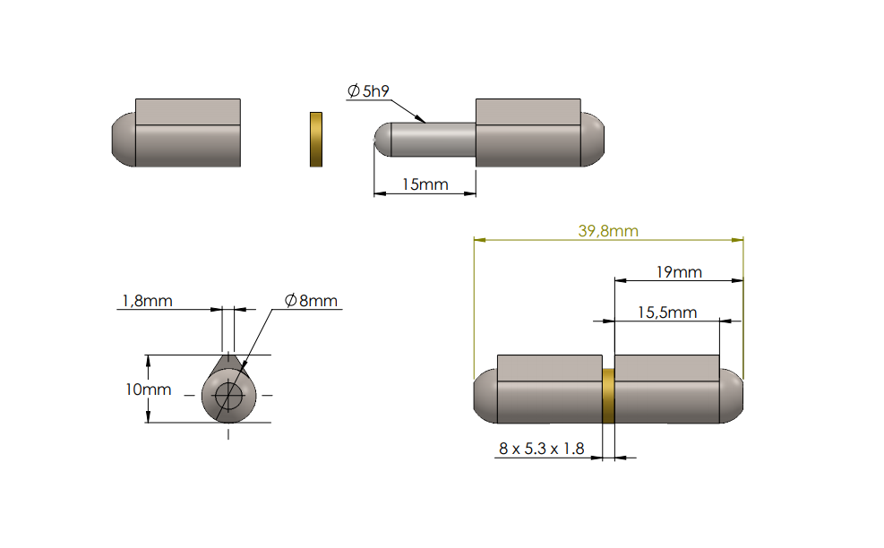 Svejsehængsel, stål, dråbeformet, u/ smørenippel, L=40, B=10