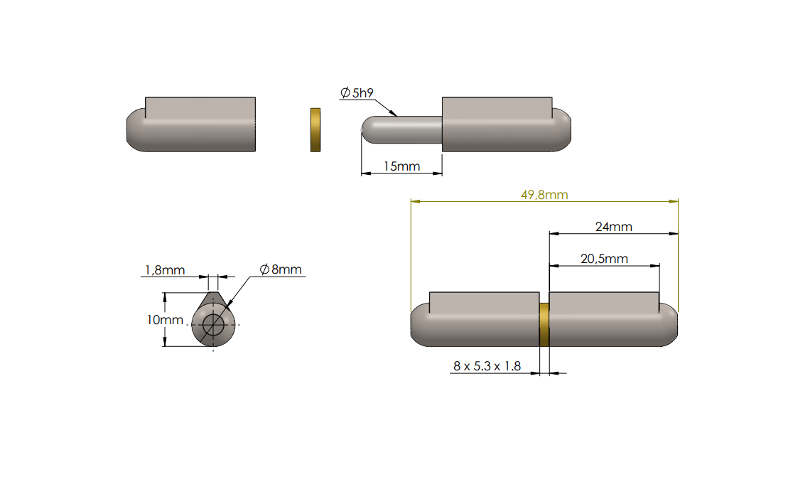 Svejsehængsel, stål, dråbeformet, u/ smørenippel, L=50, B=10