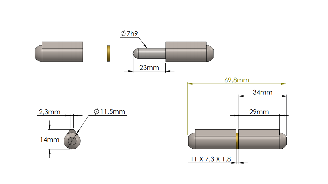 Svejsehængsel, stål, dråbeformet, u/ smørenippel, L=70, B=14