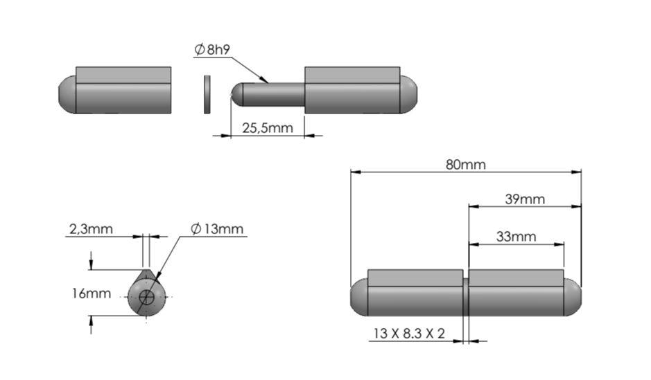 Svejsehængsel, stål, dråbeformet, u/ smørenippel, L=80, B=16