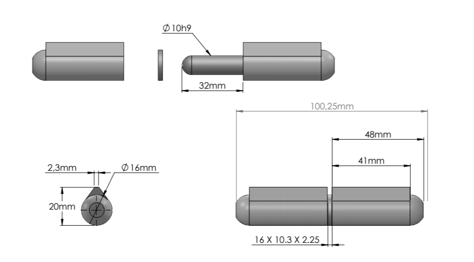 Svejsehængsel, stål, dråbeformet, u/ smørenippel, L=100, B=20