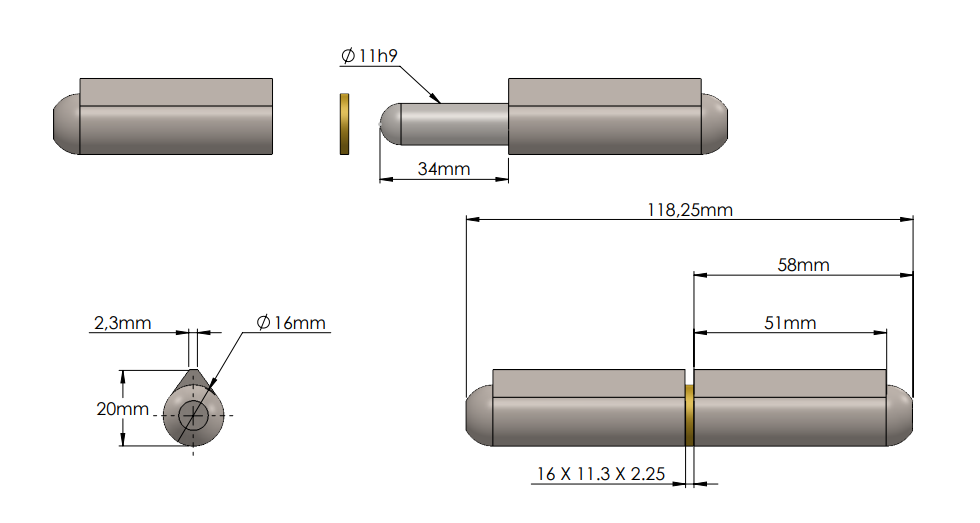 Svejsehængsel, stål, dråbeformet, u/ smørenippel, L=120, B=20