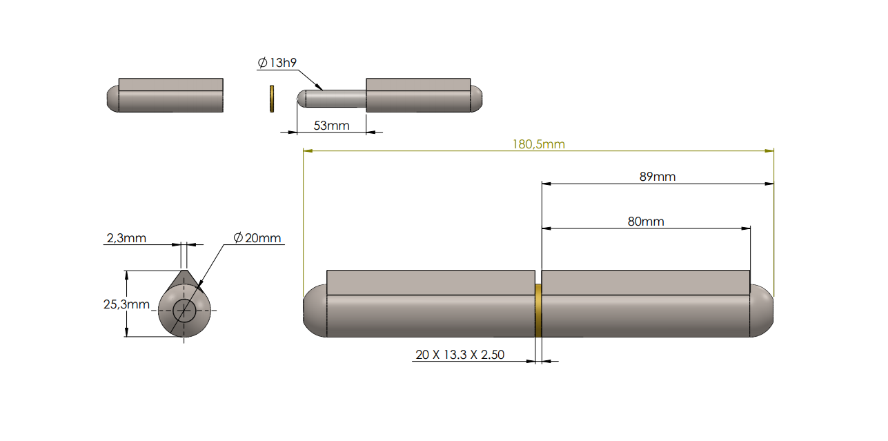 Svejsehængsel, stål, dråbeformet, u/ smørenippel, L=180, B=25,3
