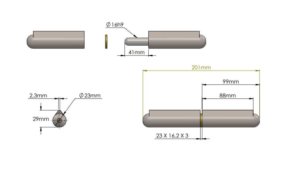 Svejsehængsel, stål, dråbeformet, u/ smørenippel, L=200, B=29