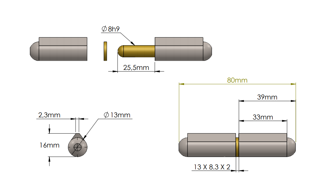 Svejsehængsel, stål, dråbeformet, u/ smørenippel, L=80, B=16