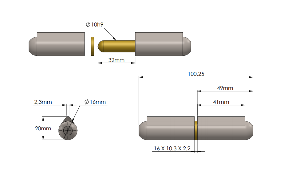 Svejsehængsel, stål, dråbeformet, u/ smørenippel, L=100, B=20