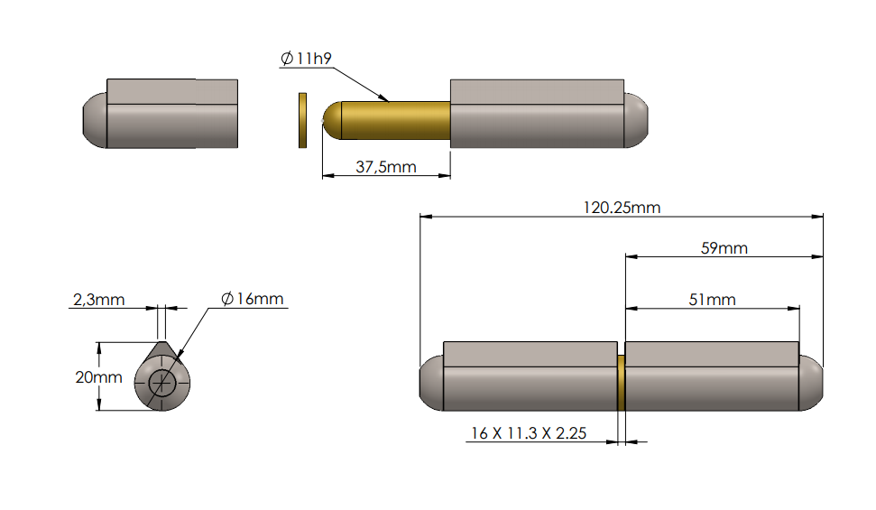 Svejsehængsel, stål, dråbeformet, u/ smørenippel, L=120, B=20