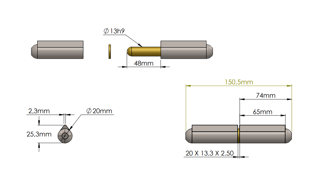 Svejsehængsel, stål, dråbeformet, u/ smørenippel, L=150, B=25,3