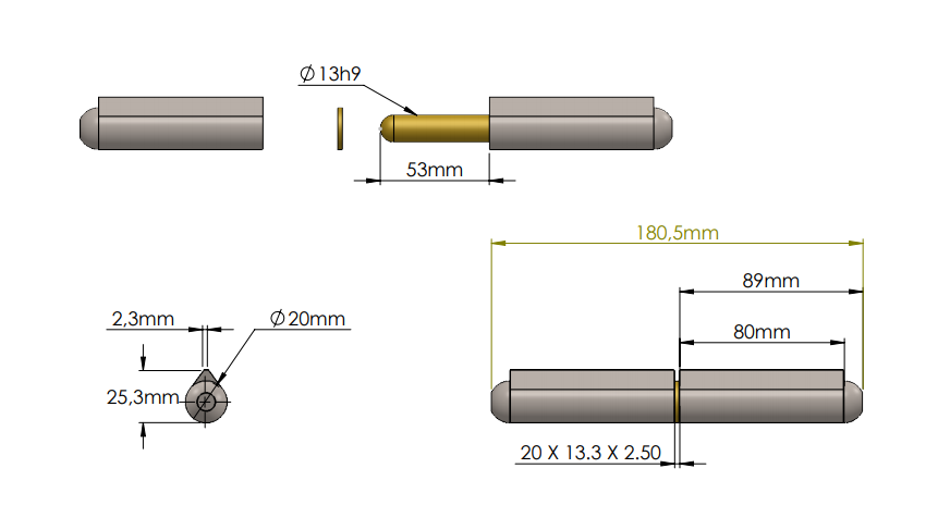Svejsehængsel, stål, dråbeformet, u/ smørenippel, L=180, B=25,3