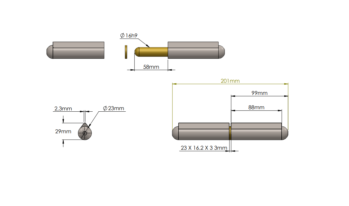 Svejsehængsel, stål, dråbeformet, u/ smørenippel, L=200, B=29