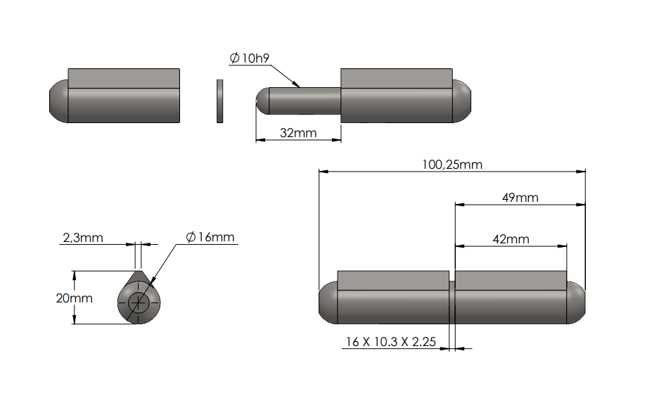 Svejsehængsel, rustfrit stål, dråbeformet, u/ smørenippel, L=100, B=20