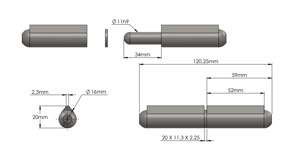 Svejsehængsel, rustfrit stål, dråbeformet, u/ smørenippel, L=120, B=20