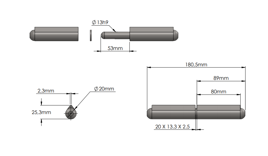 Svejsehængsel, rustfrit stål, dråbeformet, u/ smørenippel, L=180, B=25,3