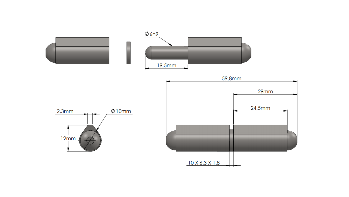 Svejsehængsel, syrefast stål, dråbeformet, u/ smørenippel, L=60, B=12