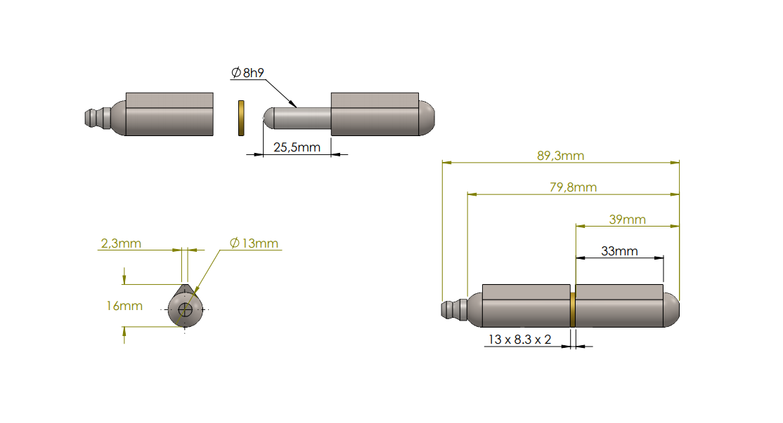 Svejsehængsel, stål, dråbeformet, m/ smørenippel, L=80, B=16