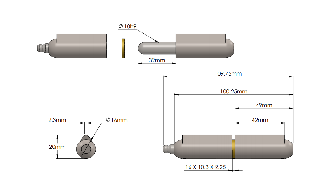 Svejsehængsel, stål, dråbeformet, m/ smørenippel, L=100, B=20