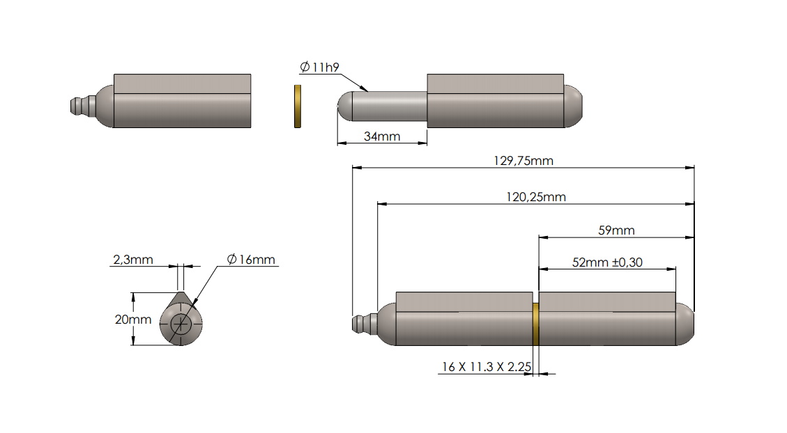 Svejsehængsel, stål, dråbeformet, m/ smørenippel, L=120, B=20