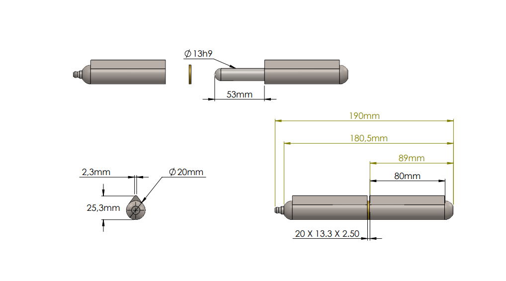 Svejsehængsel, stål, dråbeformet, m/ smørenippel, L=180, B=25,3