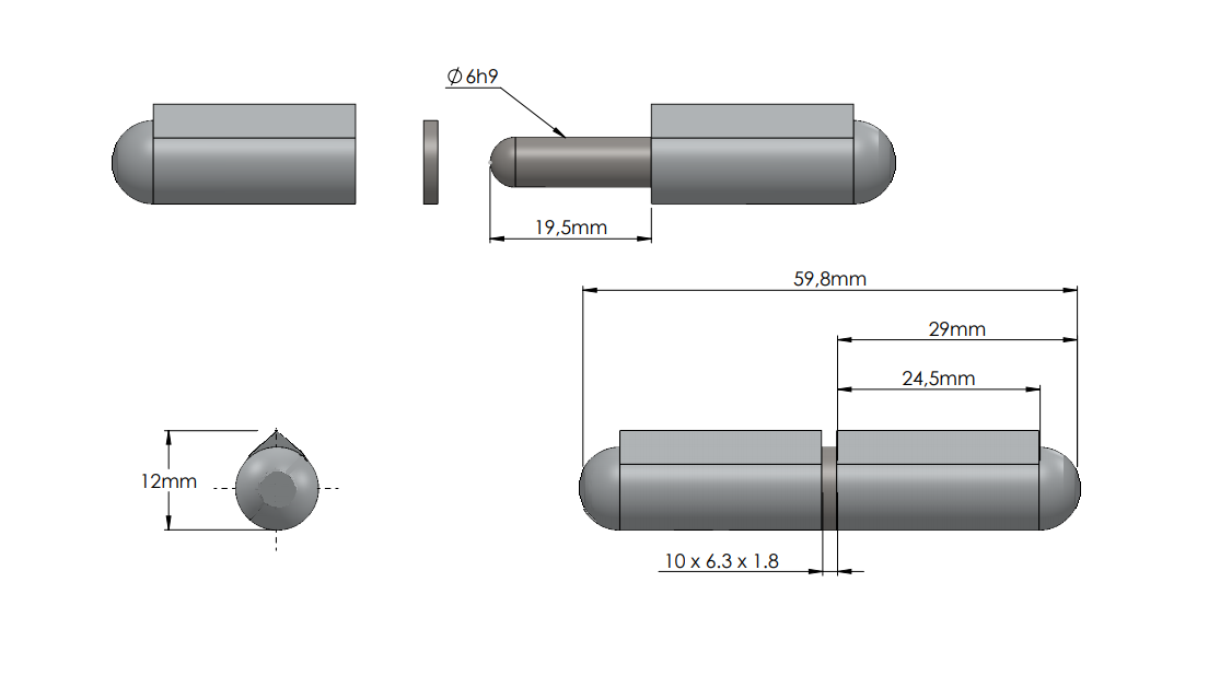 Svejsehængsel, aluminium, dråbeformet, u/ smørenippel, L=60, B=12
